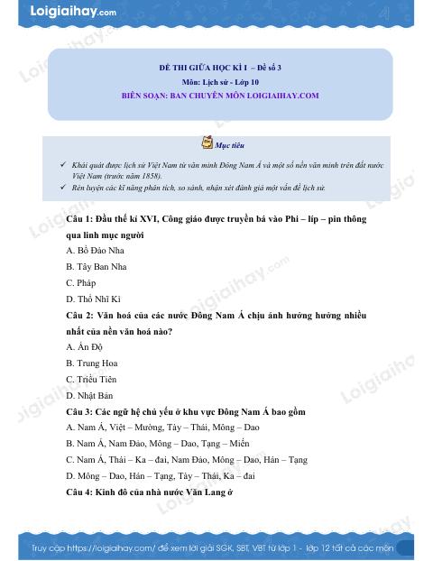 Đề thi giữa kì 2 Lịch sử 10 - Đề số 3
